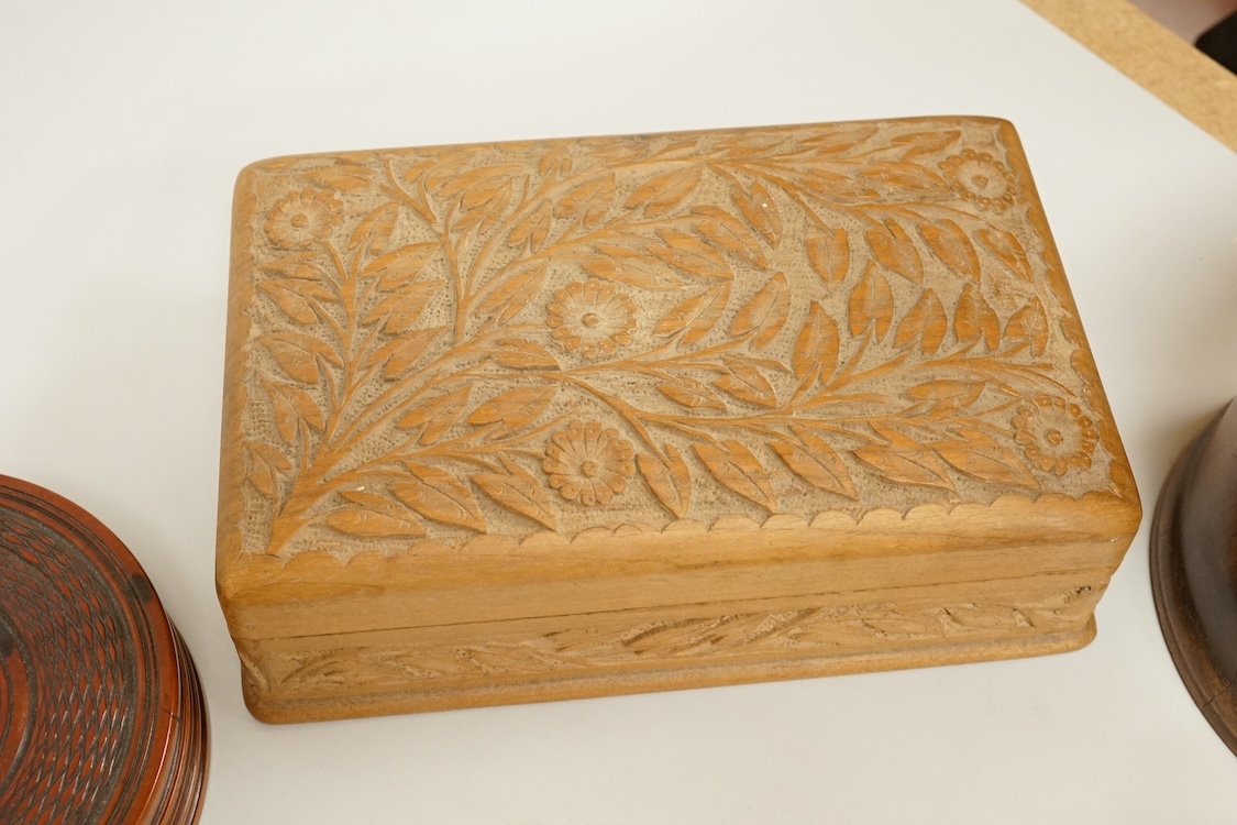 Two treen boxes, a cigarette box, a tortoiseshell box, a military tobacco box, a plated box and various decorative metal panels, CITES Submission reference, KPXPJXQU